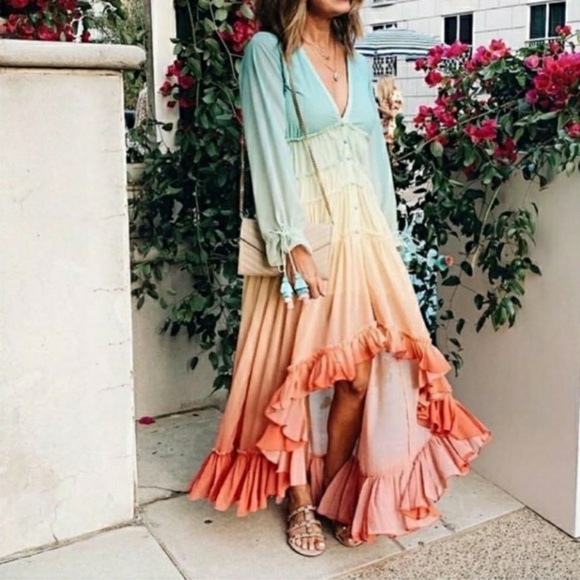 Linjia Shop High Low Ruffled Rainbow Colorful Boho Maxi Dress - Picture 2 of 9
